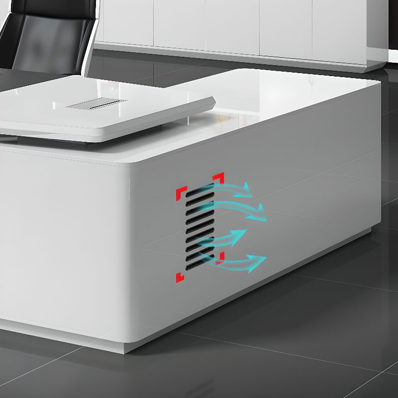 Luxury Director L-Shape Office Table Desk Made in Plywood with Veneer Wire Manager Drawers Lockable and Storage for a Modern Workspace - White