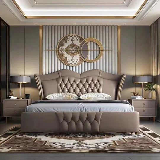 Royale Velveto Upholstered King Size Bed – Solid Wood Frame, High-Density Foam, Headboard with Neck Support, Metal Feet