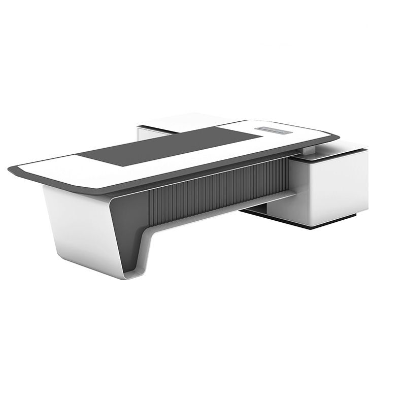 Director L-Shape Office Table Luxury Desk Made in Plywood with Veneer Reversible Orientation, Wire Manager, and CPU Storage - White Grey