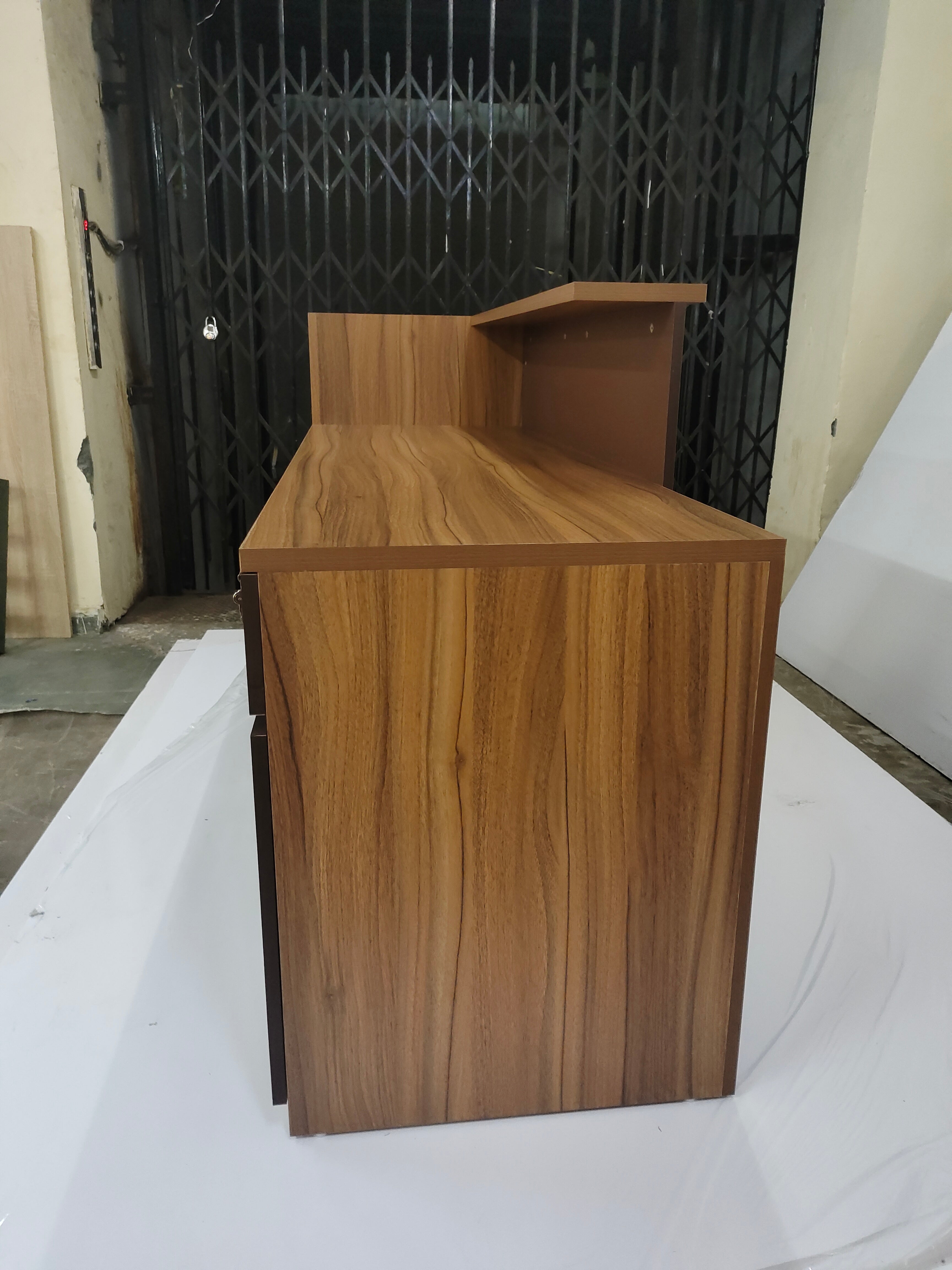 Reception Table Made In Engineered Wood with Matte Grey & King Walnut Laminate and Inlaid Brass Strip Detailing, Built In Storage