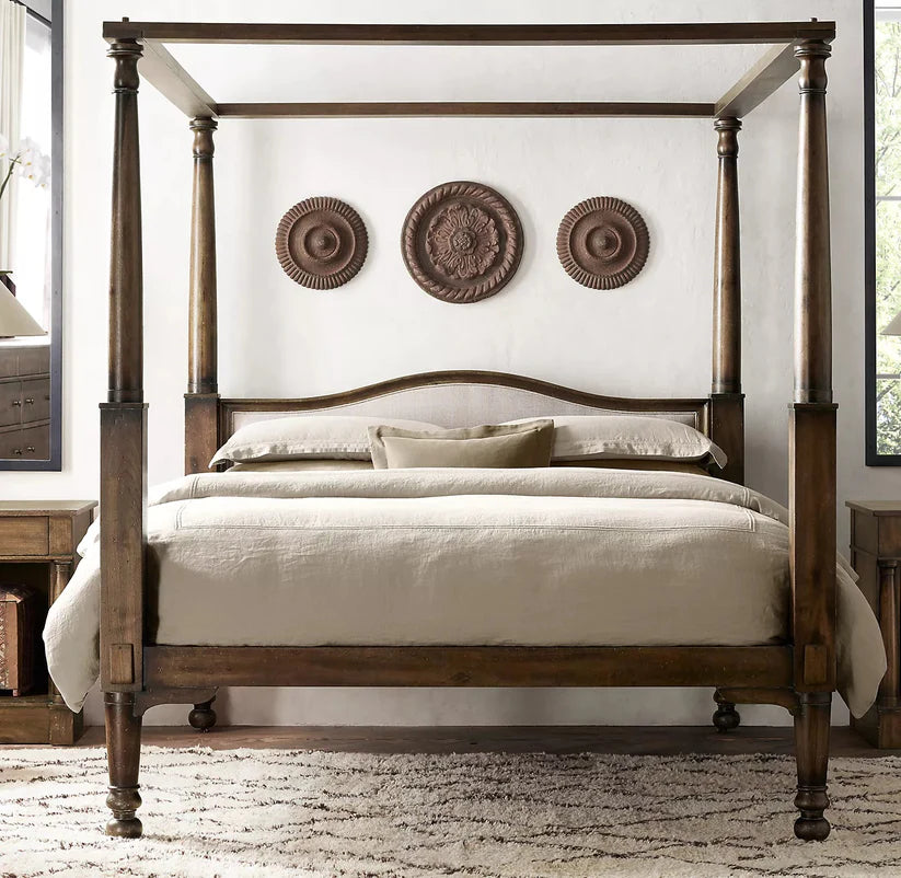Wodden Bed – Handcrafted Sheesham Solid Wood Frame, Footboard, Four-Poster Design, Walnut Finish