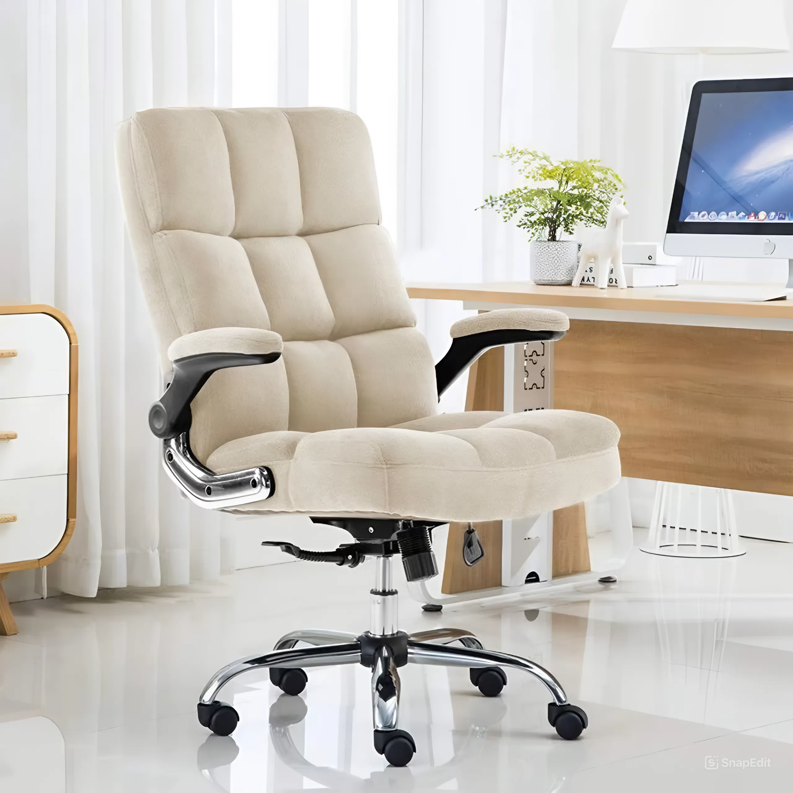 Comfortable Director Chair with Adjustable Armrest Upholstery in Velvet Light Beige (Super Soft) -