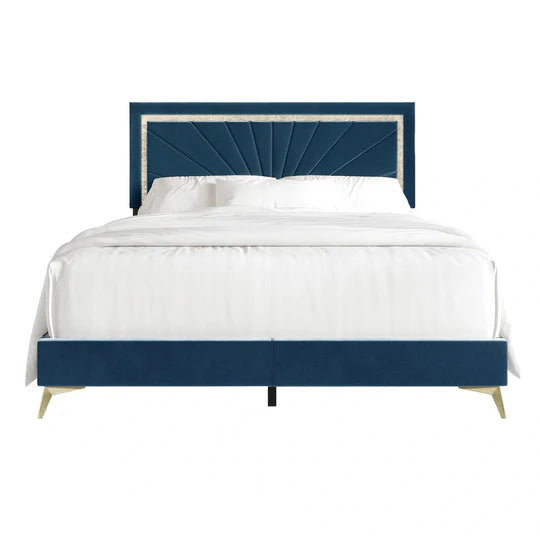 Velvet King Size Bed – Headboard, Gold Metal Legs, Premium Foam Upholstery, Solid Wood Base