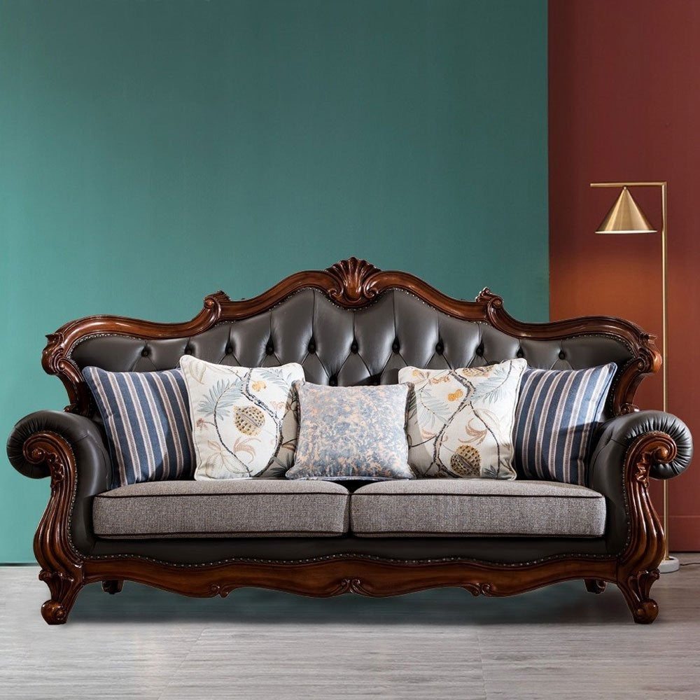 3-Seater Carving Sofa for Living Room PU Leatherette Upholstery and Hardwood Structure for Comfort and Premium Design.
