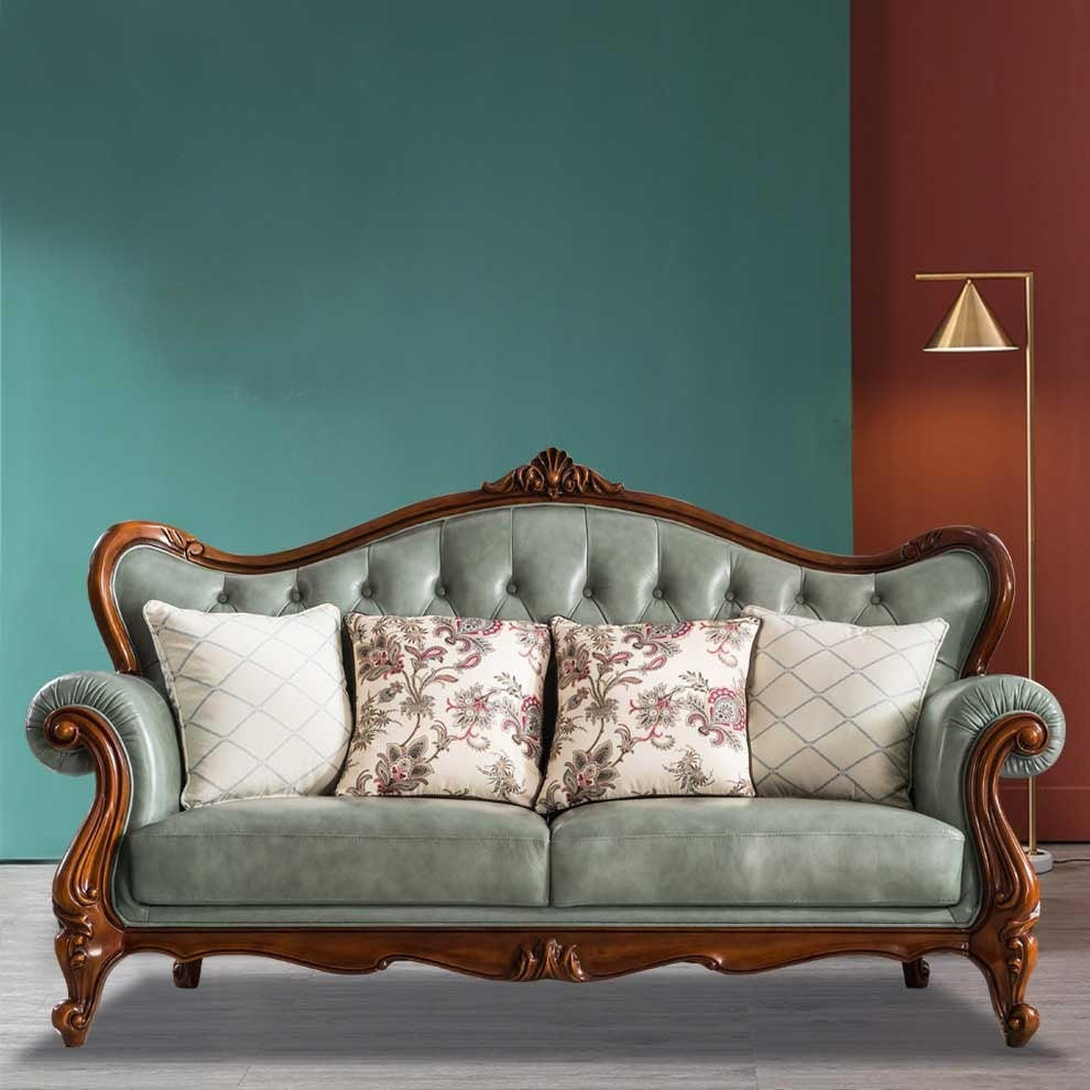 3-Seater Carving Sofa for Living Home PU leatherette Upholstery and Premium Quality Wood and Soft Seating 