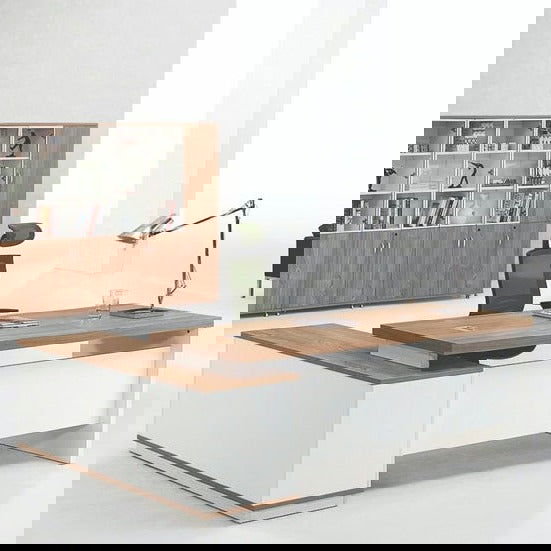 Director Table Dual Color in Pre & Post Laminated Particle/Plywood Board with 3 Drawers and Open Space.