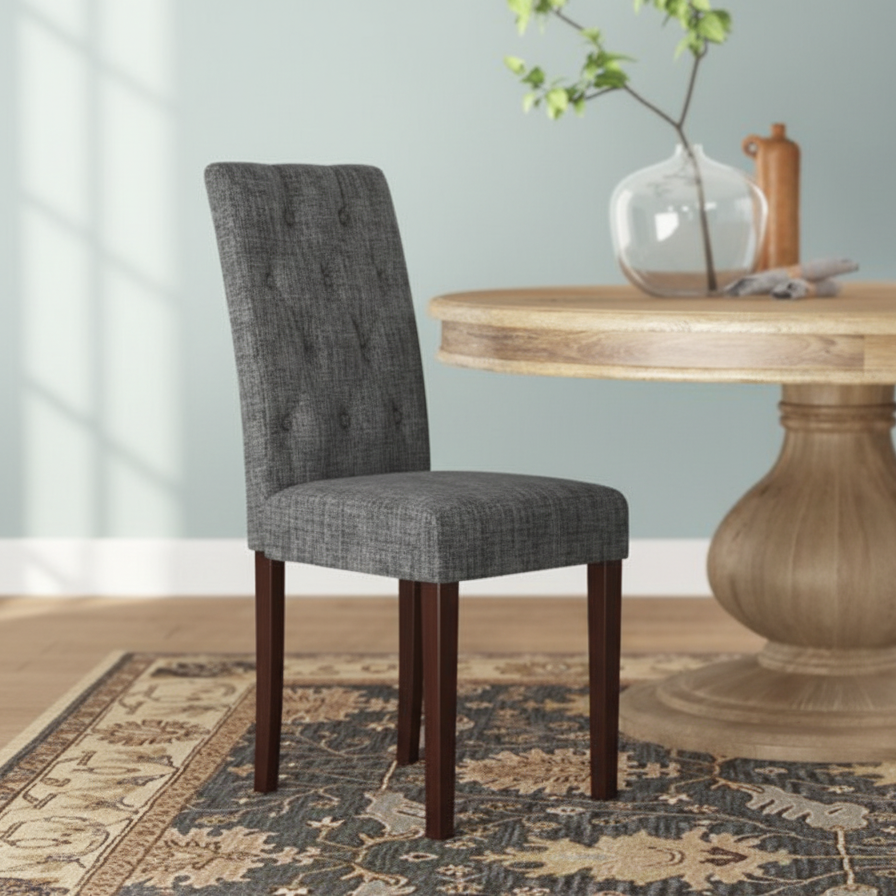 Upholstered Tufted Parsons Dining Chairs - Grey Fabric, Solid Wood Legs - Stylish & Comfortable Home Furniture