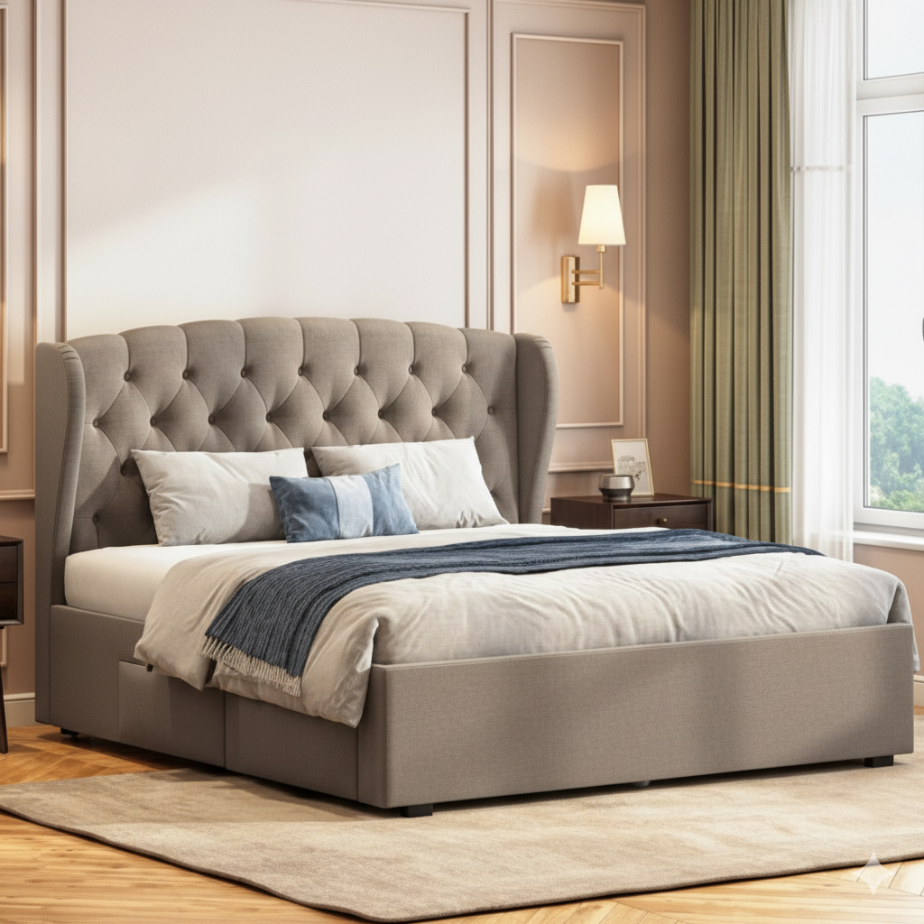 King Size Wooden Bed Fully Upholstered Modern Design with Hydraulic Storage Wooden Frame & Finished in Premium Velvet/Suede for Best Quality