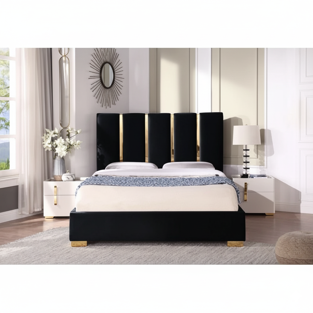 Luxury Black & Gold King Size Bed – Upholstered High Headboard, Sleek Metal Legs