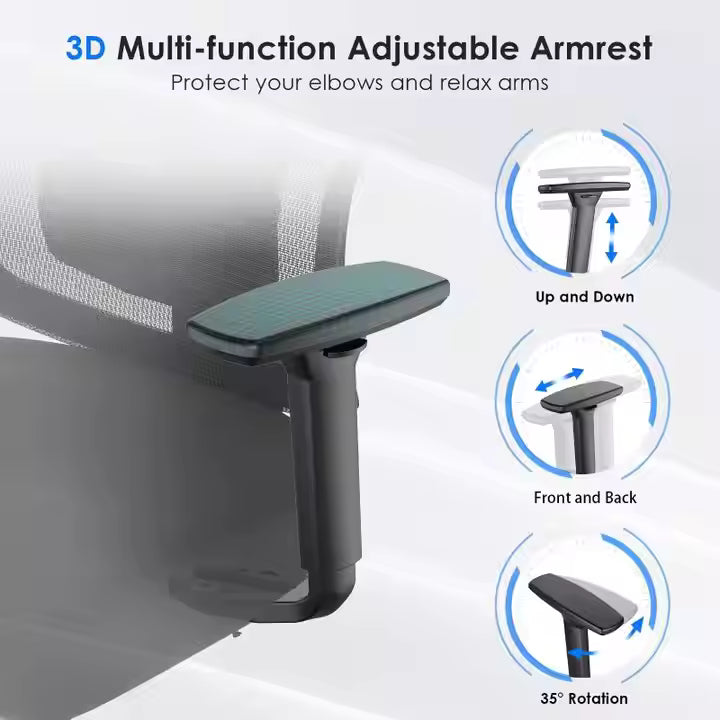 Mesh Ergonomic Office Chair – 3D Lumbar, 3D Armrest, Adjustable Headrest, Recline Lock, Office