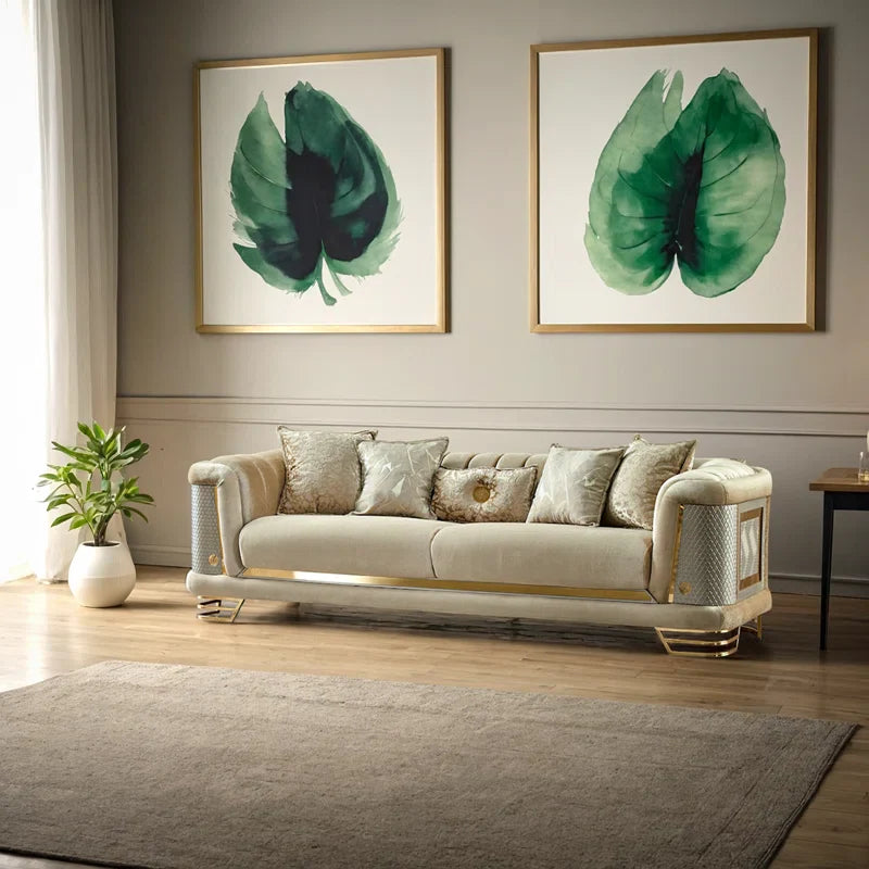 Luxurious 3-Piece Sofa Set – Velvet Upholstery, Gold Metal Legs, High-Density Foam, Solid Wood Frame.