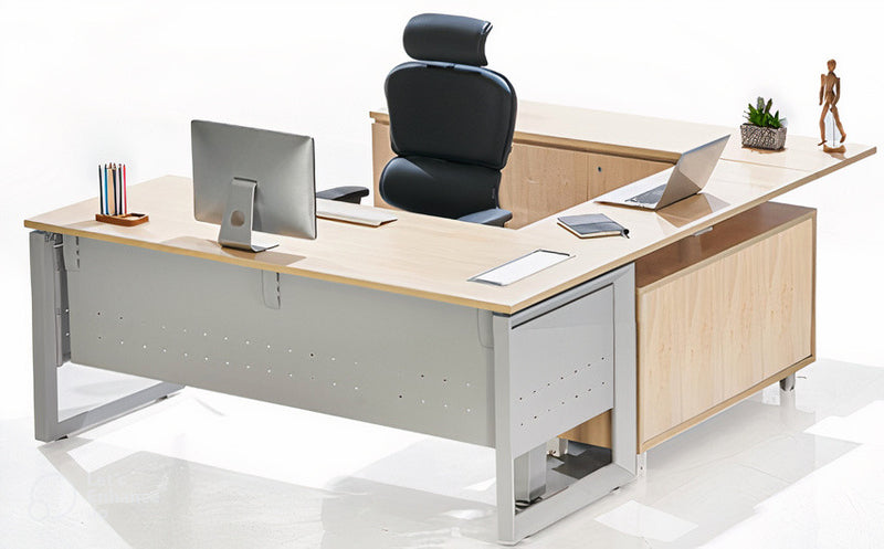 Linear Workstation Table with Aluminum Based Panel, Drawer Pedestal & Metal Legs