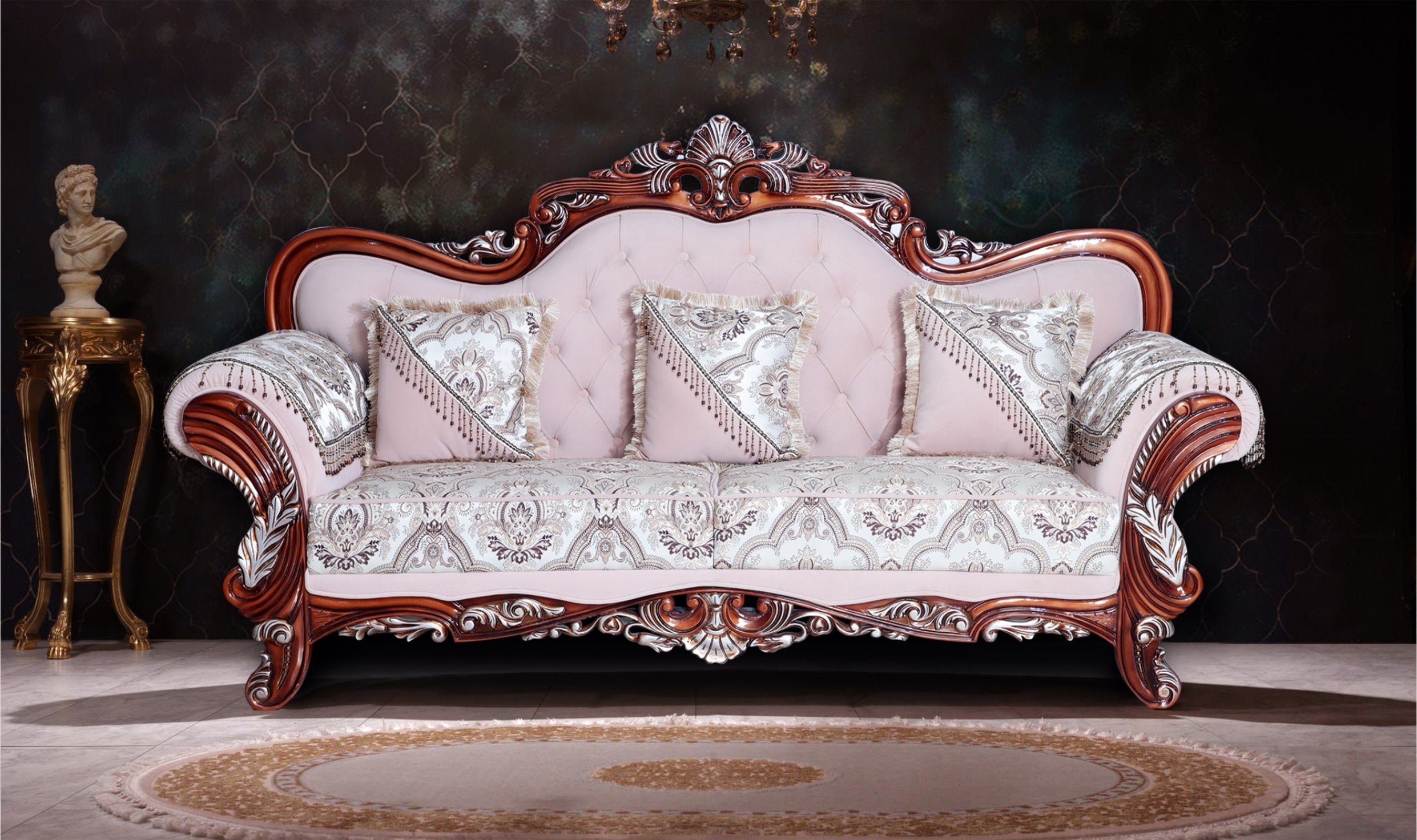 Royal 3-Seater Sofa with Intricate Carved Wooden Frame, Plush Cushions, and Timeless Antique Charm and Luxury