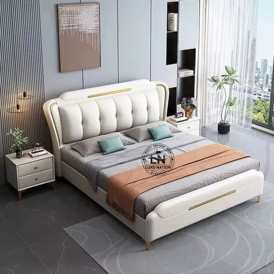 King Size Bed with Upholstered Soft Headboard, Strong Wooden Frame & Storage Options – Luxurious Leatherette Finish