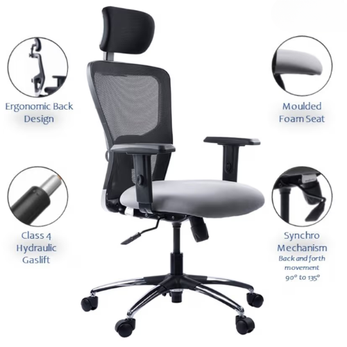 Comfortable mesh office chair with recline, adjustable arms, and cushioned seating. Supports posture for long hours at desk or remote work setup