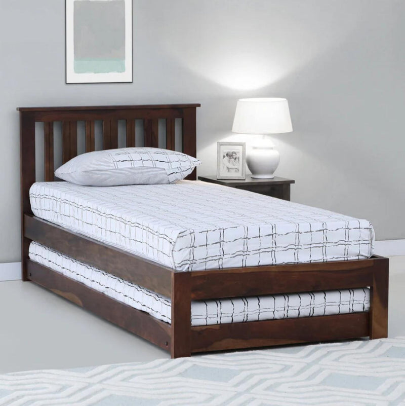 Trundle Solid Wood Single Bed In PU Finish