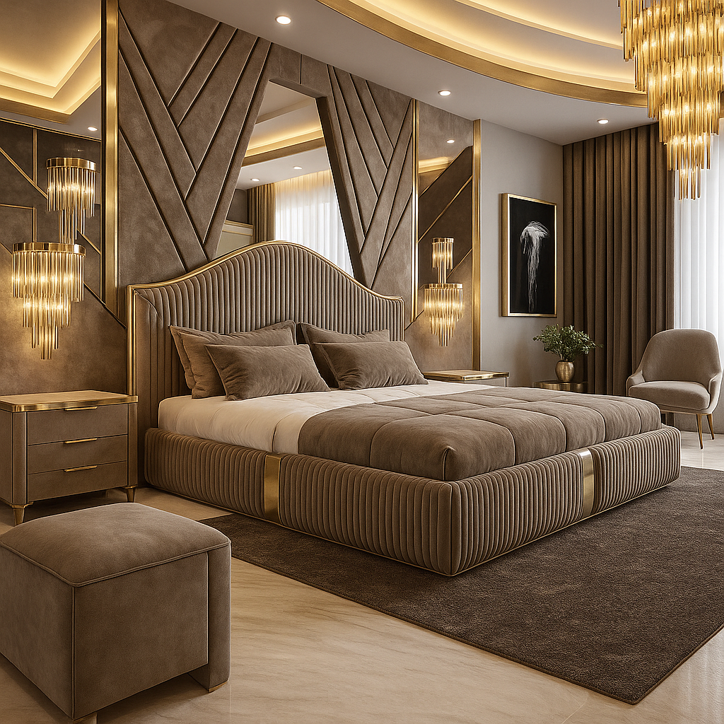 King Size Bed high-headboard with gold frame styling for modern interiors and villas, with optional storage