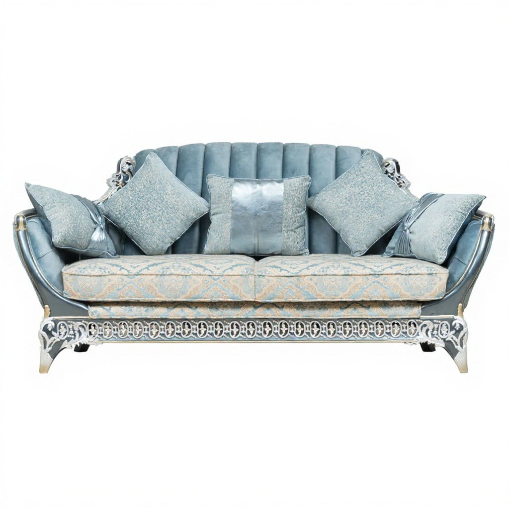 3-Seater Royal Sofa with Blue and White Pearl Finish and Elegant Golden Accents