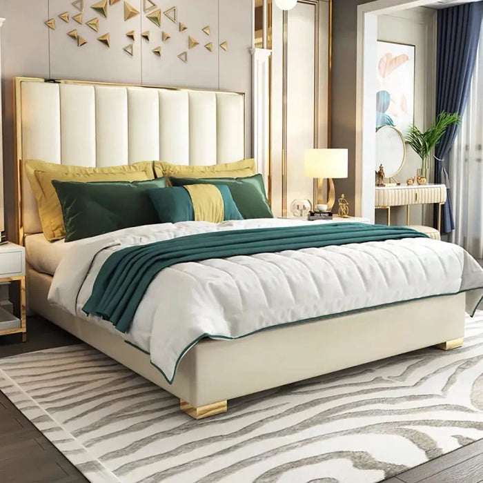 Modern Faux Leather Upholstered Bed – Teakwood & Plywood Frame, 54″ High Headboard