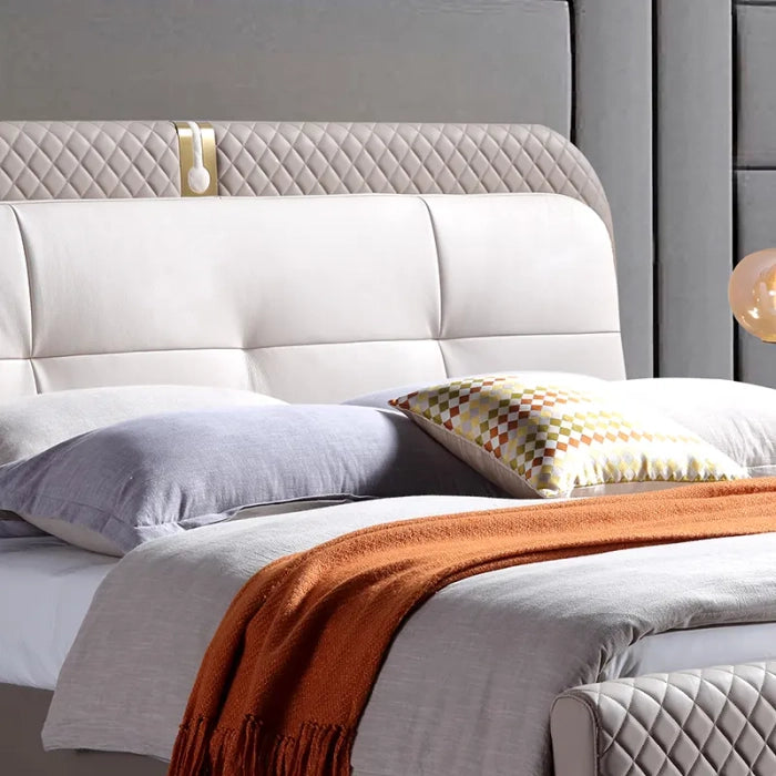Modern Designer Upholstered Bed – Headboard, Teakwood & Plywood Base, Premium Fabric