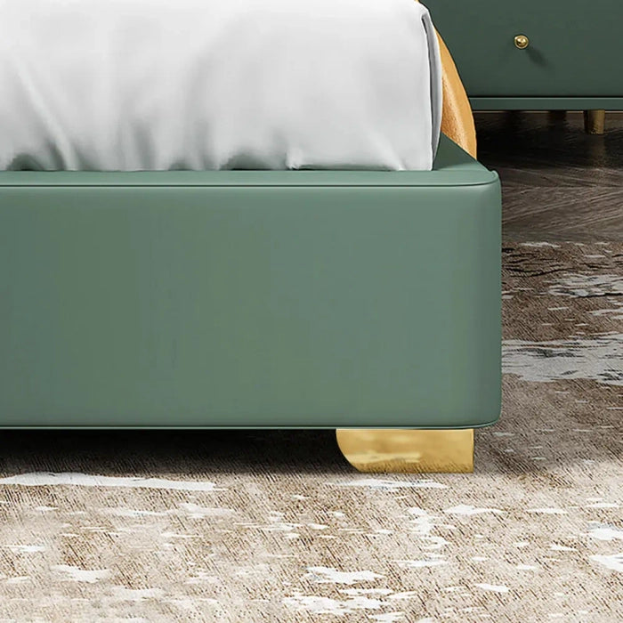 Modern Green Velvet Upholstered Bed with Gold-Tone Frame – Wooden Frame