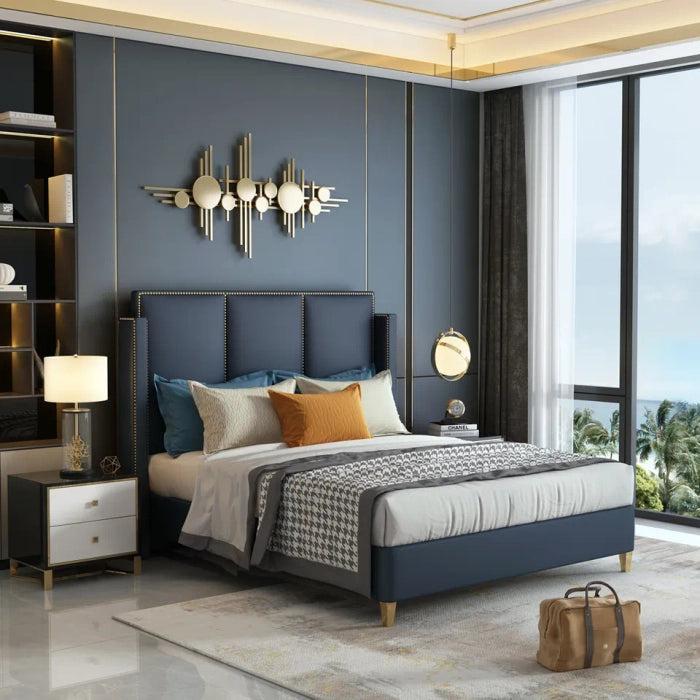 Luxury Blue King Size Bed, Leatherette Upholstered Plywood Frame, Sleepwell Foam