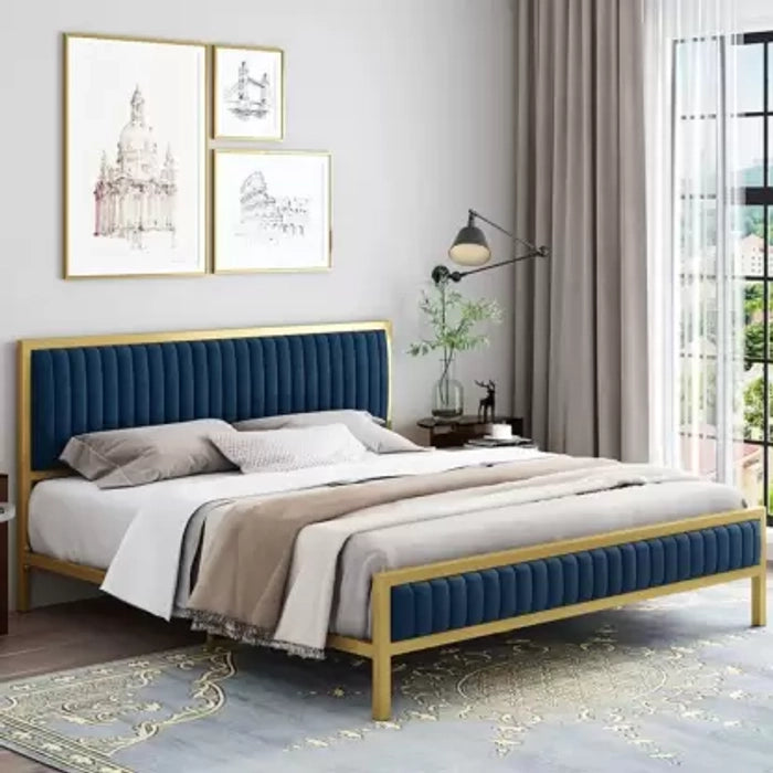 Luxury Velvet Bed with Metal Frame – Elegant High Upholstered Headboard, Modern & Sleek Design