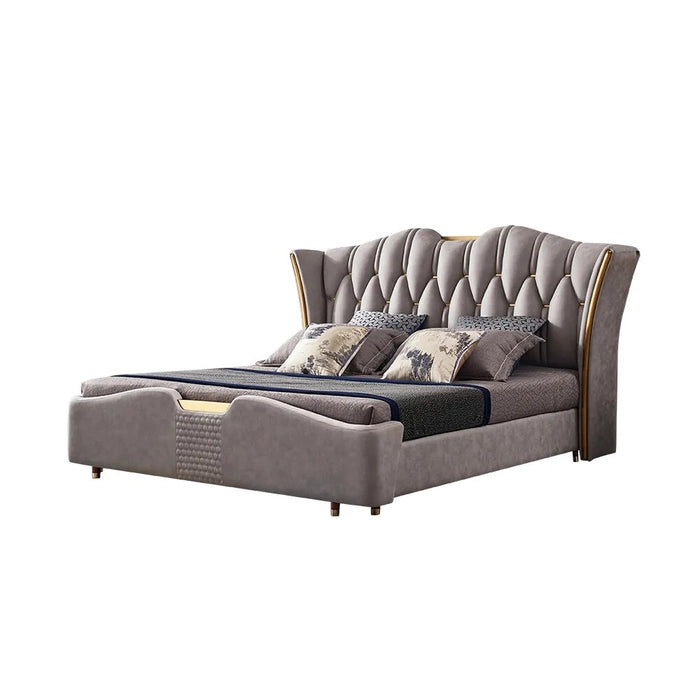Luxury Wingback in Light Gray Fabric – Solid Wood & Plywood Frame, Gilded Stainless Steel Accents, Foam-Padded Headboard, Queen/King Sizes