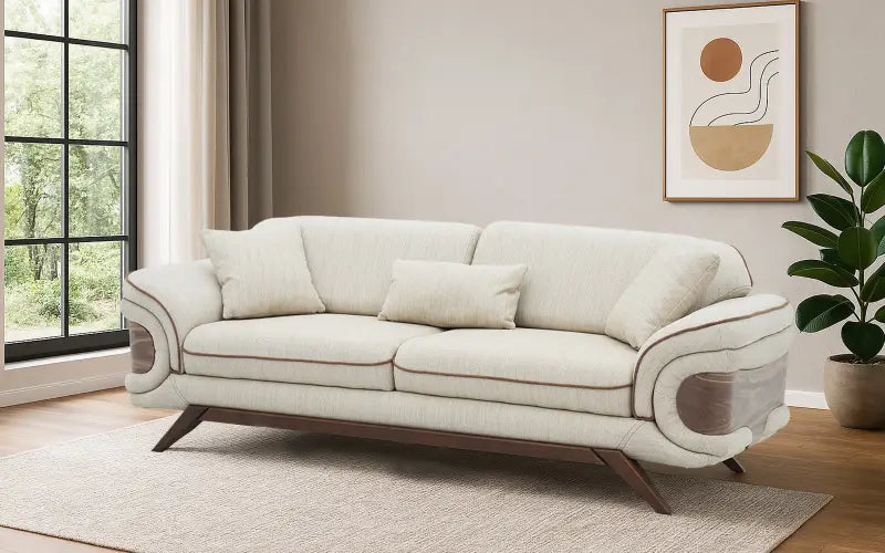 3-Seater Sofa with Dual-Tone Fabric, Wooden Base, and Cushions for Modern Living