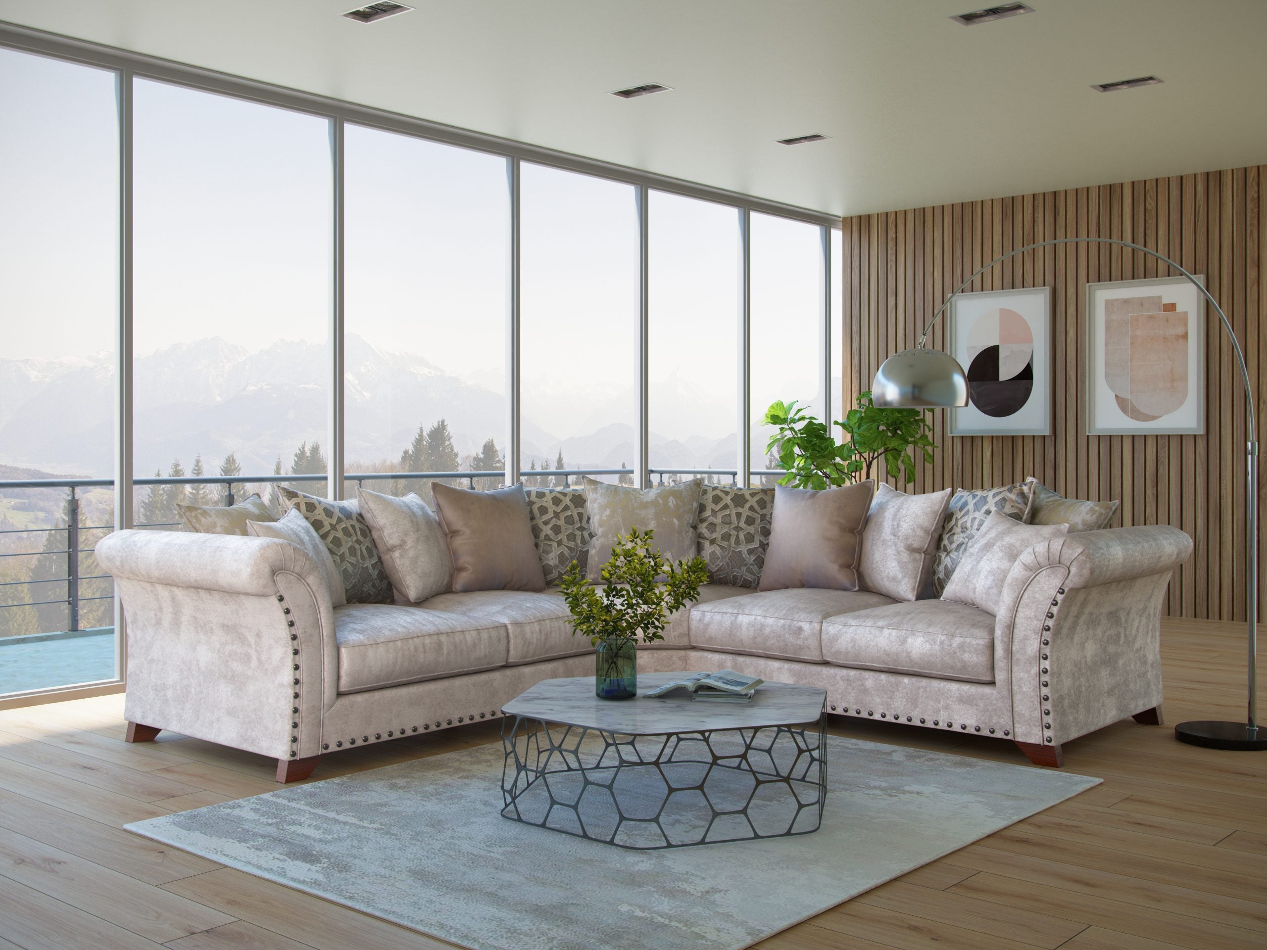 Luxury L-Shaped Sectional Sofa with Designer Cushions – Elegant Velvet Finish for Modern Living Rooms