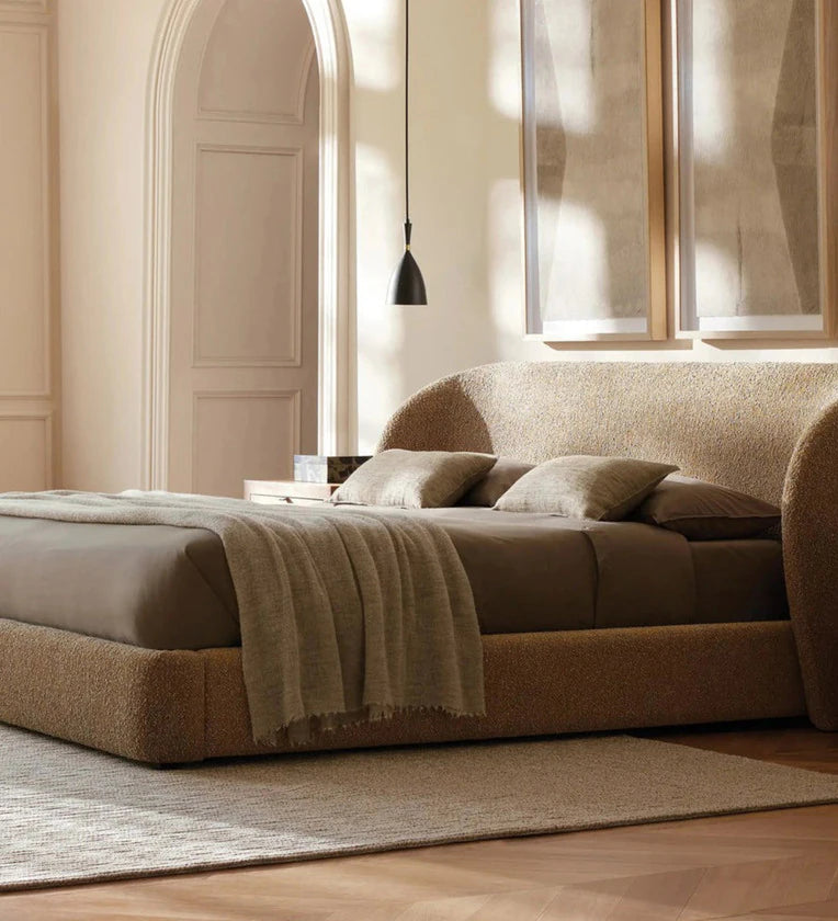 King-Size Bed Brown Fabric – Stylish Fabric Upholstery, Solid Built, Plywood, Raised Platform, Easy Self-Assembly, No Storage