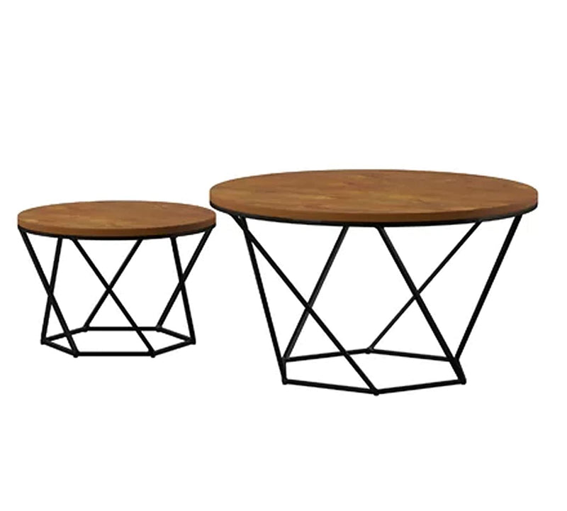 Round Coffee Table/Center Table with Teak Colour Top and Metal Legs