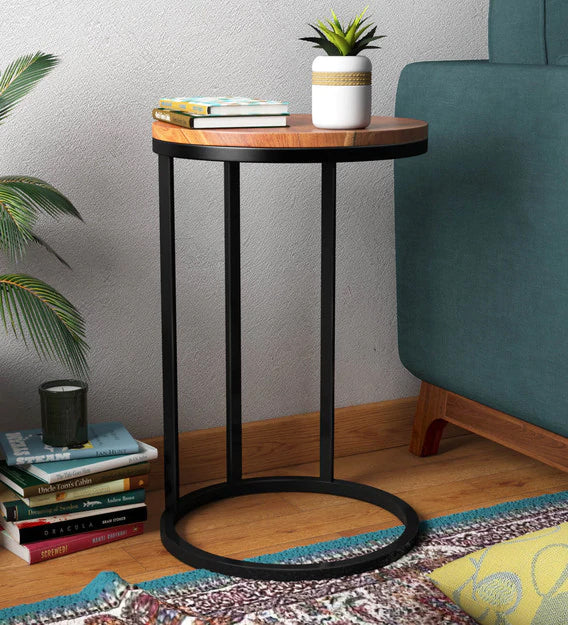 Round Side Table with Wooden Top and Metal Frame