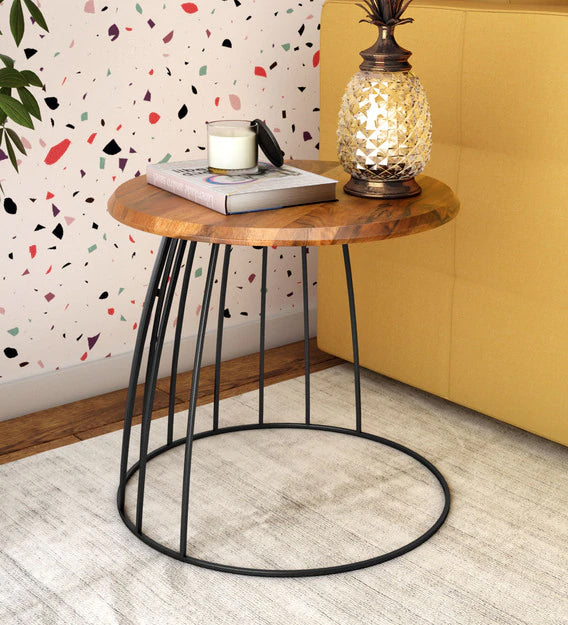 Side Table with Wooden Top and Metal Frame