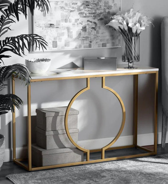The Metal Frame Base Console Table with Marble Top - Golden Finish