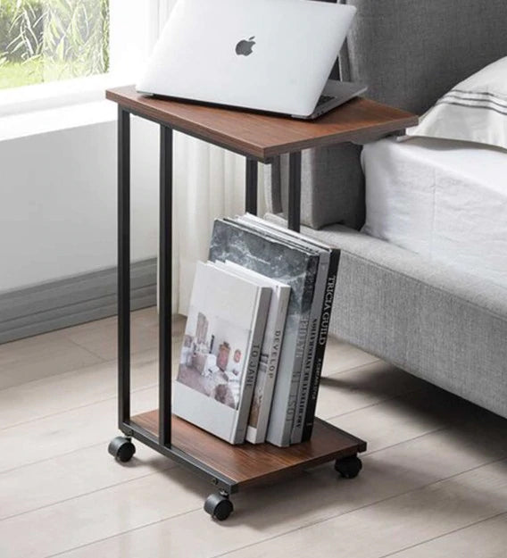 Side Table with Storage in Metal Frame & Caster Wheel