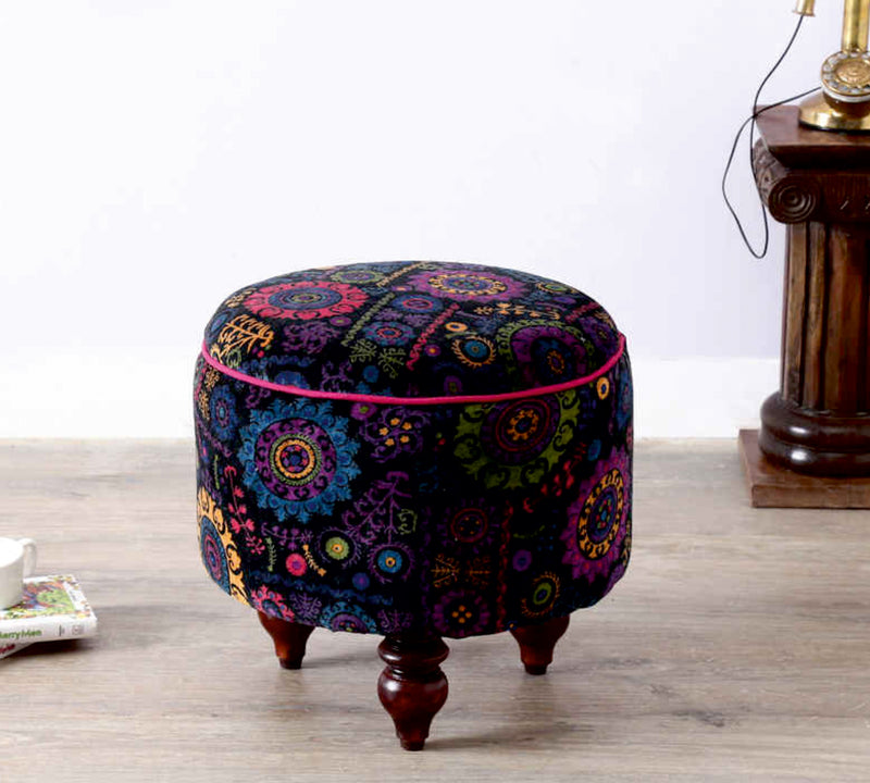 Fully Cushioned Wooden Legs Cotton Fabric Pouffe