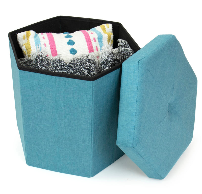 Pouffe with Storage Fabric Upholstery & Wooden Base