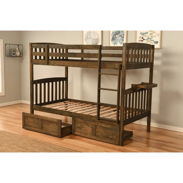 Twin Wood Bunk Bed with Storage Drawers in Walnut Brown