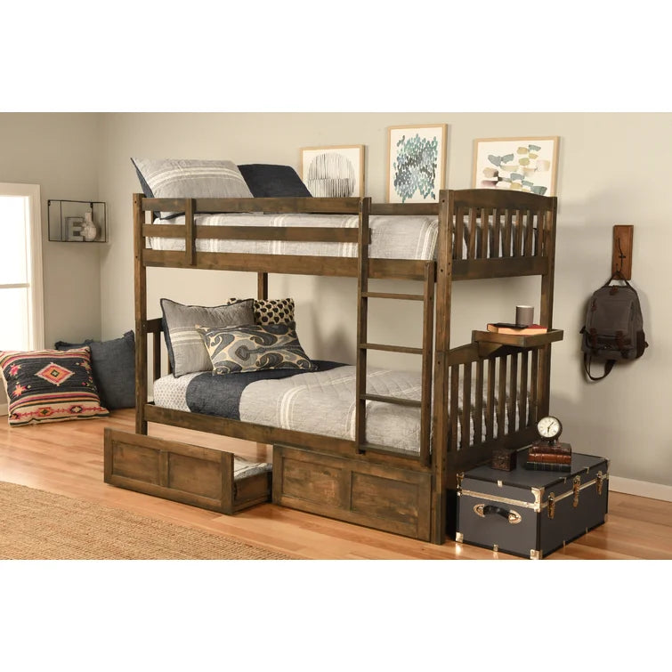 Twin Wood Bunk Bed with Storage Drawers in Walnut Brown