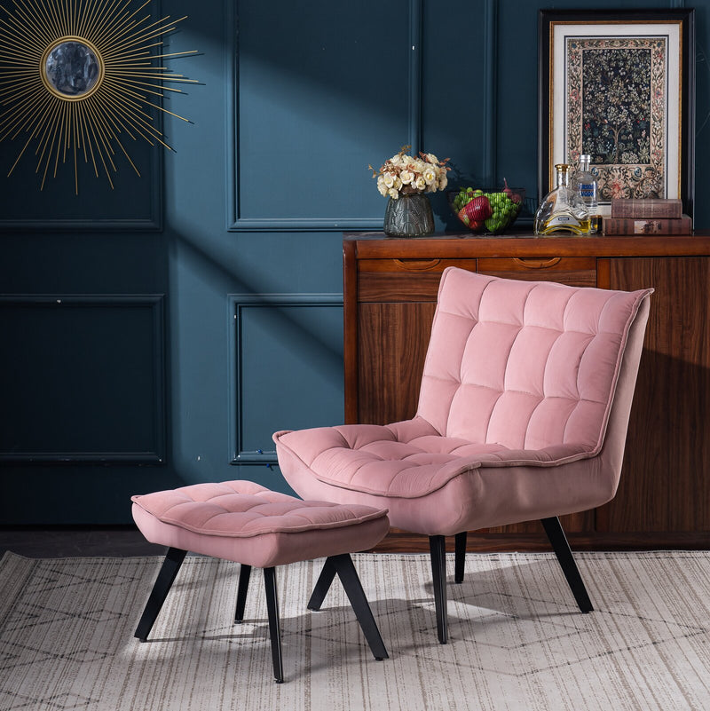 Wide Tufted Lounge Chair and Ottoman Pink