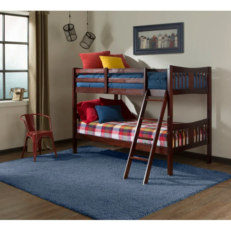 Twin Over Twin Bunk Beds, Convertible Into Two Individual Solid Rubberwood Beds, Children Twin Sleeping Bedroom Furniture w/Ladder and Safety Rail