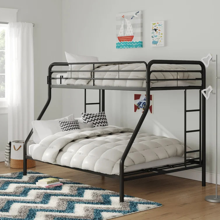 Twin over Full Bunk Bed, Bunk Bed Frame with Two-Side Ladders, Full Length Guardrail, White Steel Platform Bed Frame