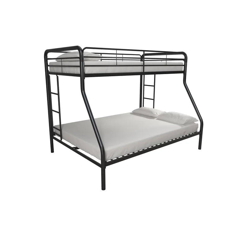 Twin over Full Bunk Bed, Bunk Bed Frame with Two-Side Ladders, Full Length Guardrail, White Steel Platform Bed Frame