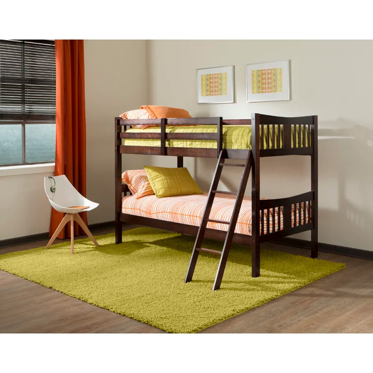 Twin Over Twin Bunk Beds, Convertible Into Two Individual Solid Rubberwood Beds, Children Twin Sleeping Bedroom Furniture w/Ladder and Safety Rail