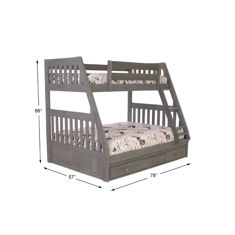 Classics Solid Pine Twin/Full Bunk Bed with Three Drawers in Charcoal