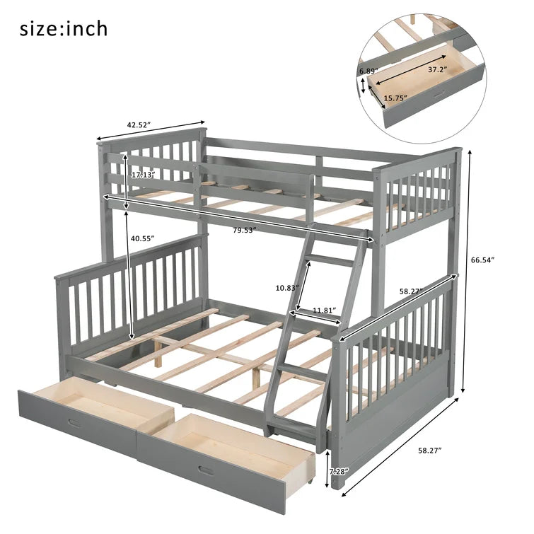 Twin Over Full Bunk Bed with 2 Storage Drawers and Ladders for Bedroom Dorm, solid Wood Bed Frame with Guard Rails