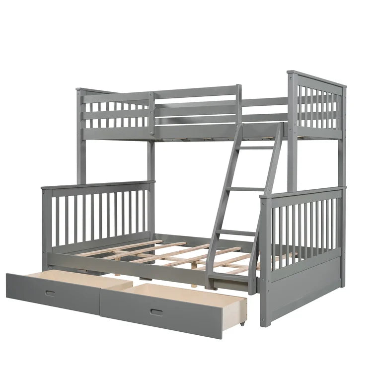 Twin Over Full Bunk Bed with 2 Storage Drawers and Ladders for Bedroom Dorm, solid Wood Bed Frame with Guard Rails