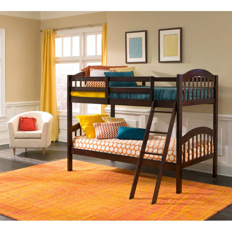 Twin Over Twin Wood Bunk Bed, 2-in-1 Detachable Bunk Beds w/Inclined Ladder and Safety Guard Rails