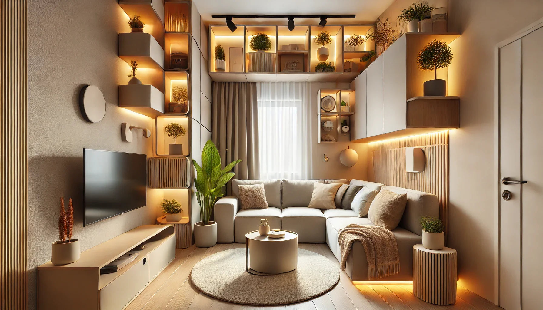 Small living room with built-in cabinets and multifunctional furniture